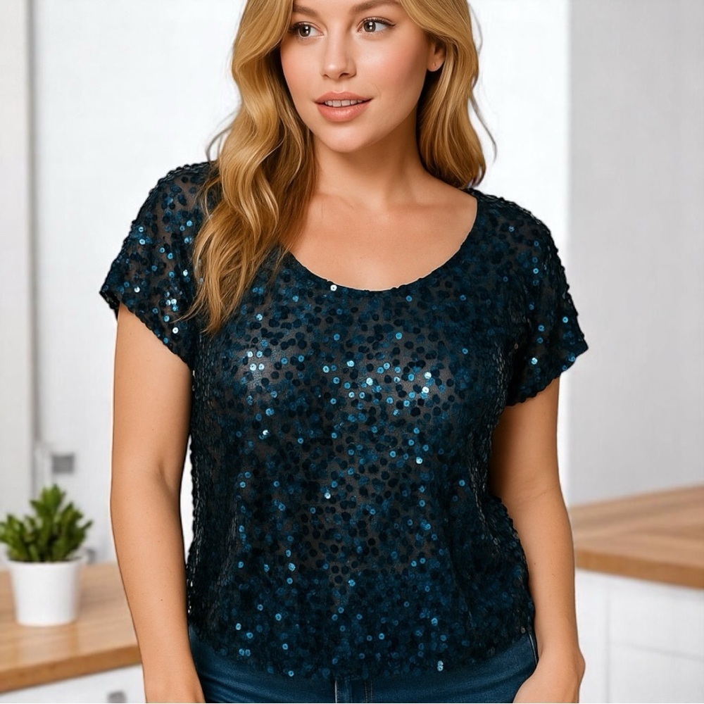 NWOT Heart Hips Blue Sheer Shortsleeved Sequins Top Size Small